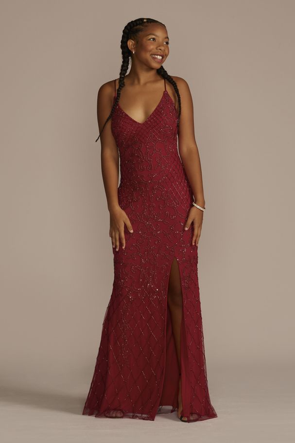 Red V-Neck Beaded Sheath Gown
