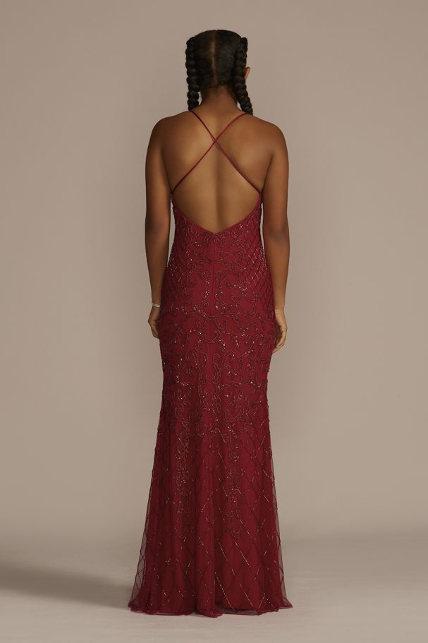 Red V-Neck Beaded Sheath Gown