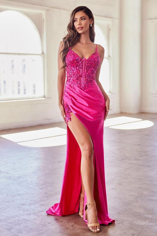 Fuchsia Satin & Glitter Fitted Gown