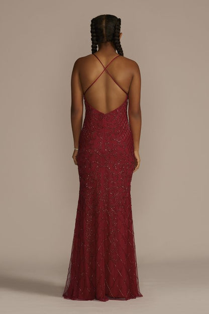 Red V-Neck Beaded Sheath Gown