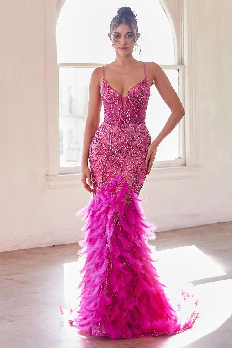 Feather Beaded Mermaid Gown Pink