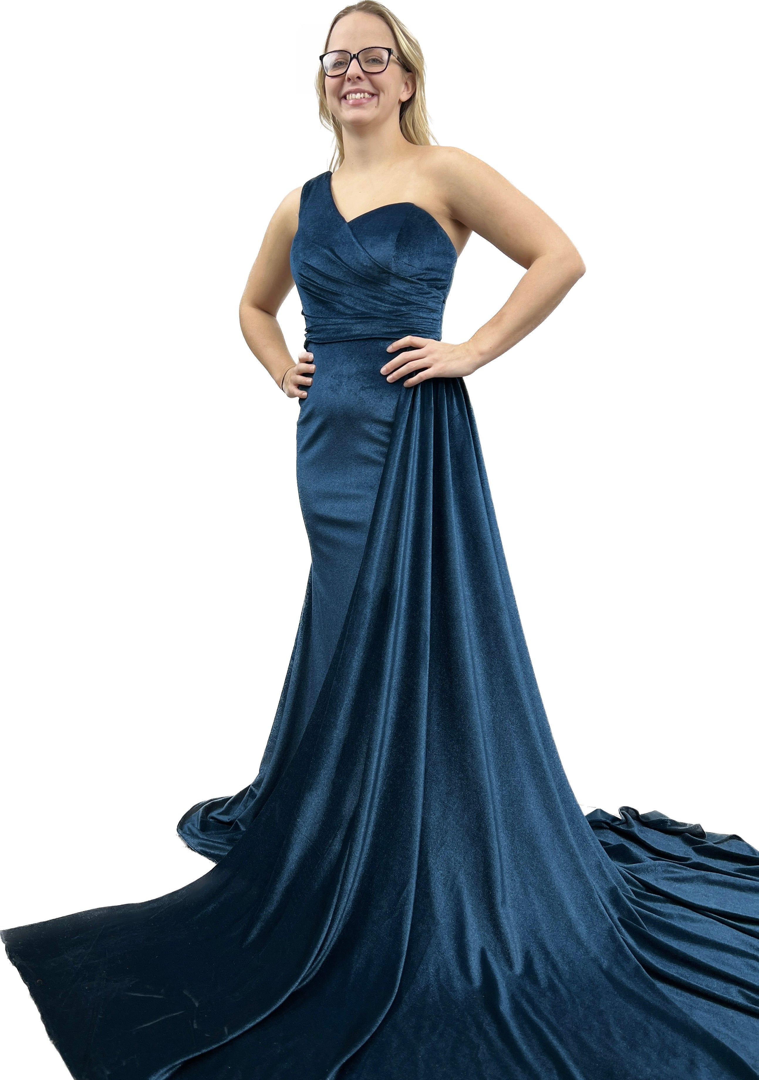 One Shoulder Mermaid Gown with Pleated Overskirt