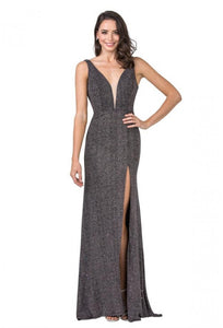 Metallic Plunging Neck Jacquard Slit Dress
