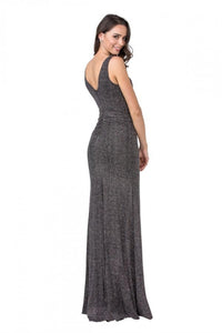 Metallic Plunging Neck Jacquard Slit Dress