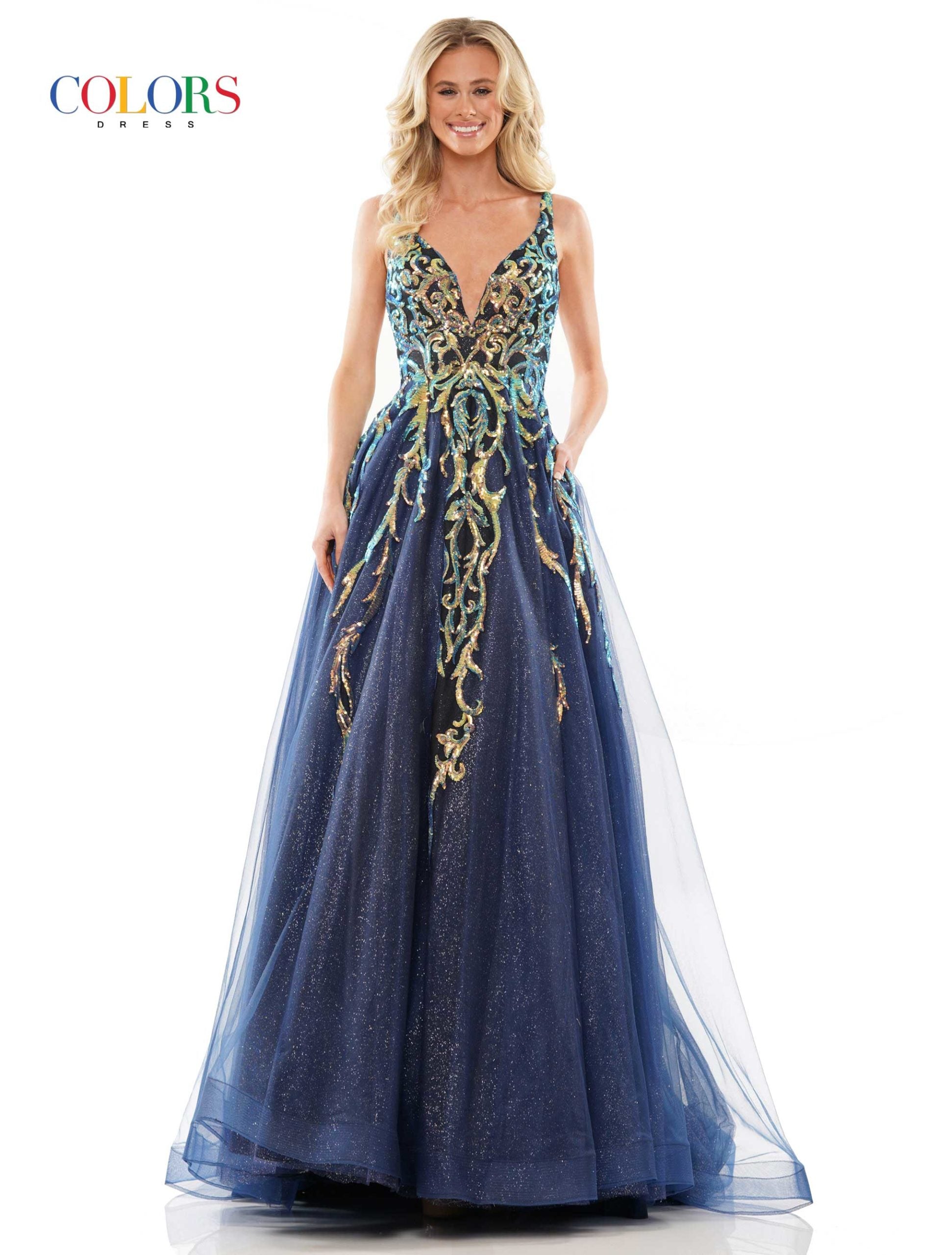 Navy Embellished Full Skirt Gown